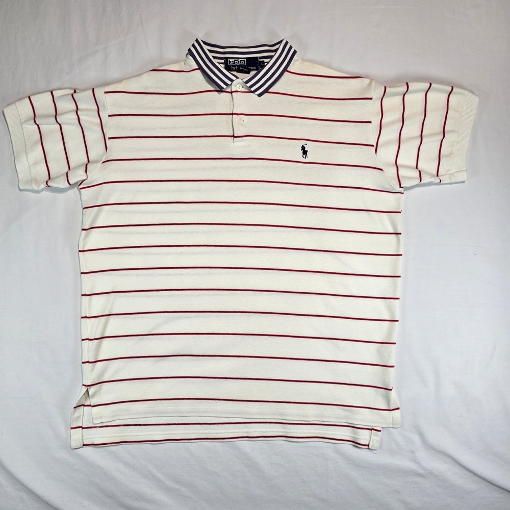Vintage Polo Ralph Lauren Mens Large Striped Polo Shirt Made in USA White Red